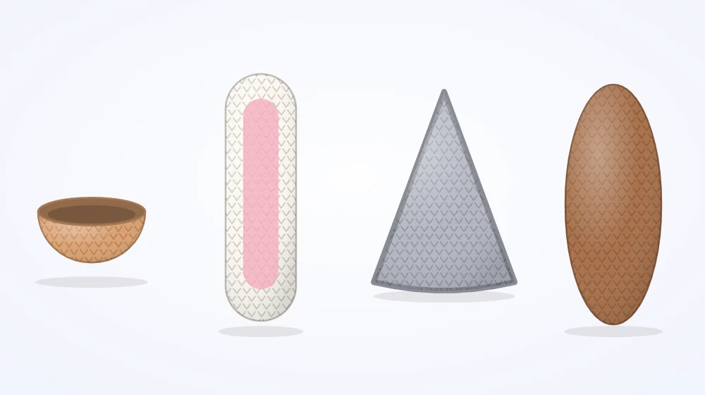 Four crocheted ear pieces laid flat before sewing: a round cup, a long flattened tube, a triangle and a long floppy oval