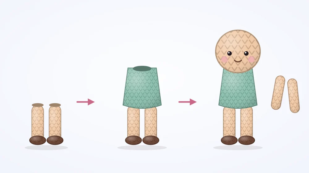 Three stages of a crocheted doll from left to right: two separate legs, the legs joined with the body worked up to the neck, and the head added on top with two arms lying beside it