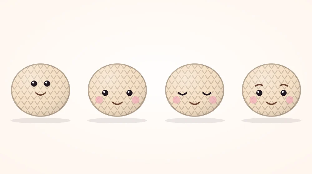 Four identical crocheted heads in a row with different faces: eyes high and close, eyes low and wide, curved sleepy eyes, and eyes with small eyebrows and a smile