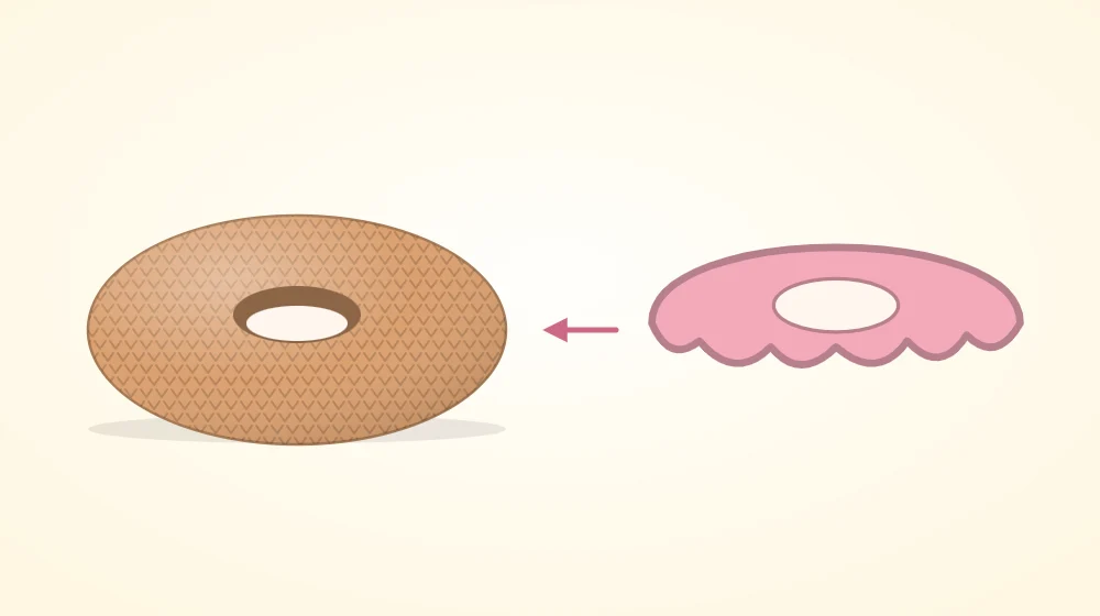 Tan crocheted donut ring next to a separate pink frosting ring with a wavy outer edge