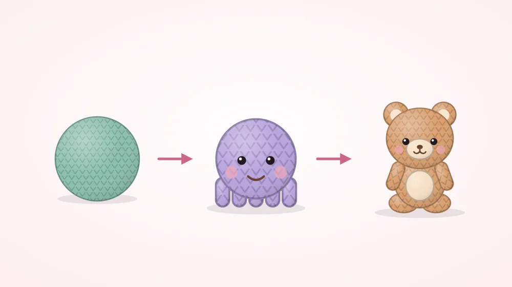 Three crocheted first projects in a row: a plain ball on the left, a ball creature with eyes and short tentacle legs in the middle, and a small bear with ears on the right