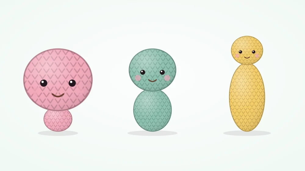 Three simple crocheted figures in a row: a big head on a tiny body, a head and body of the same size, and a small head on a tall body
