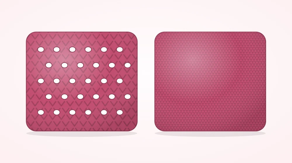 Two crocheted swatches side by side, a loose one with holes and white stuffing showing through and a tight dense one with no gaps