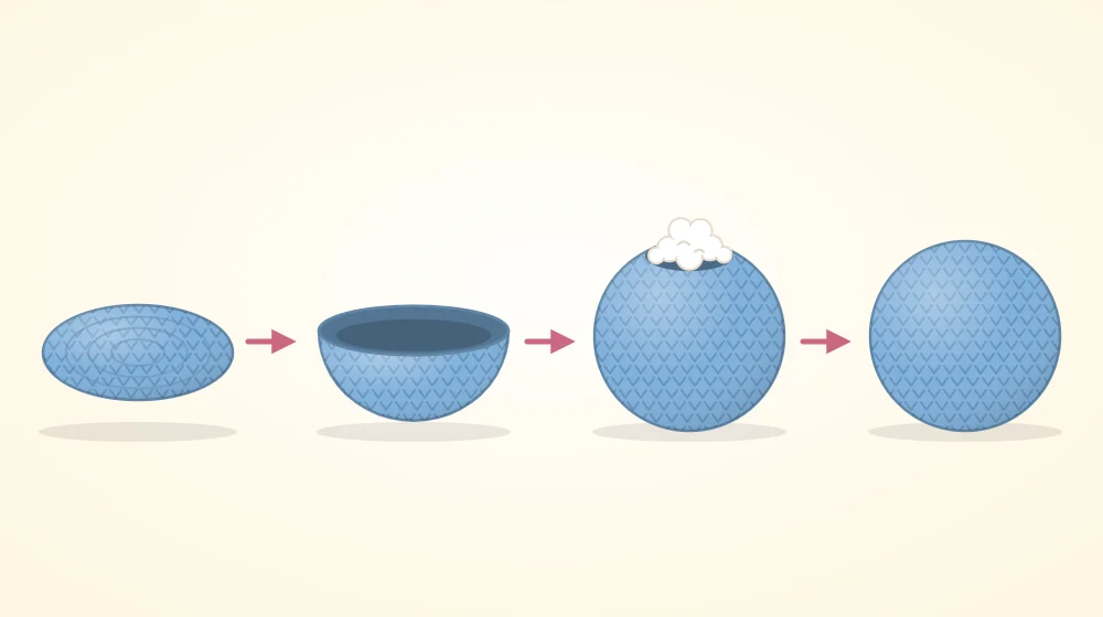 Four stages of a crocheted ball from left to right: a flat circle, a bowl shape, a nearly closed ball with white stuffing showing at the opening, and the finished closed ball