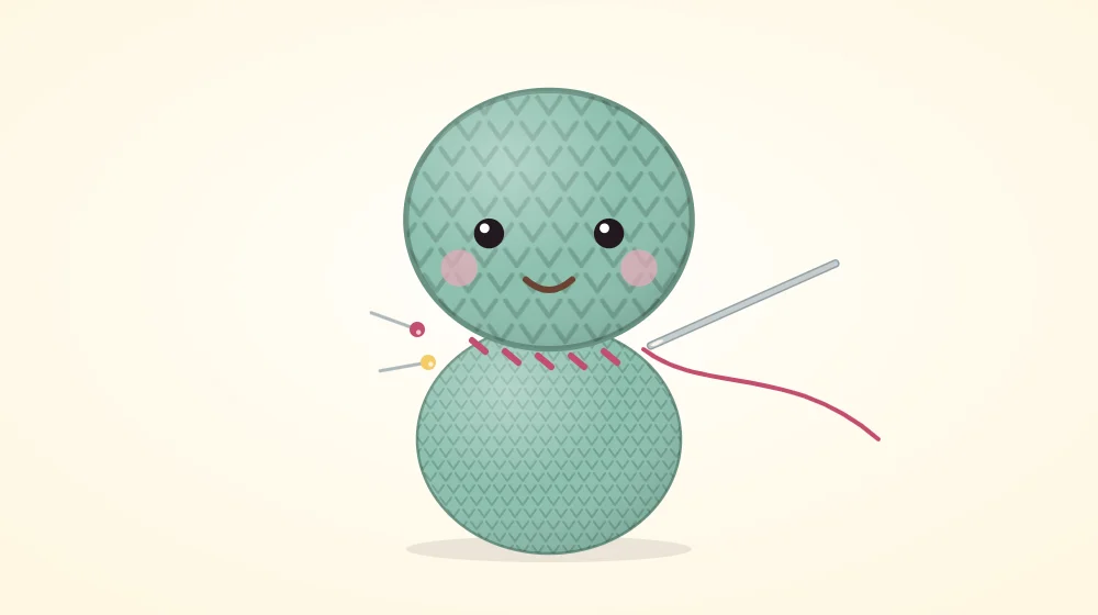 Crocheted head pinned on top of a body while a yarn needle sews a line of small stitches around the neck