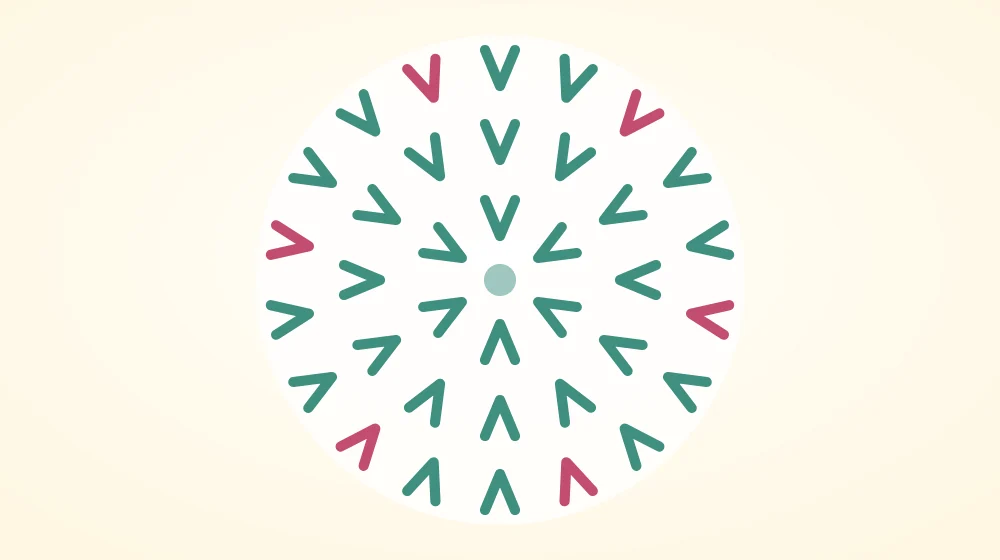 Stitch diagram of a flat crocheted circle seen from above, with three concentric rounds of V-shaped stitches and the increase stitches of the outer round drawn in a contrasting color