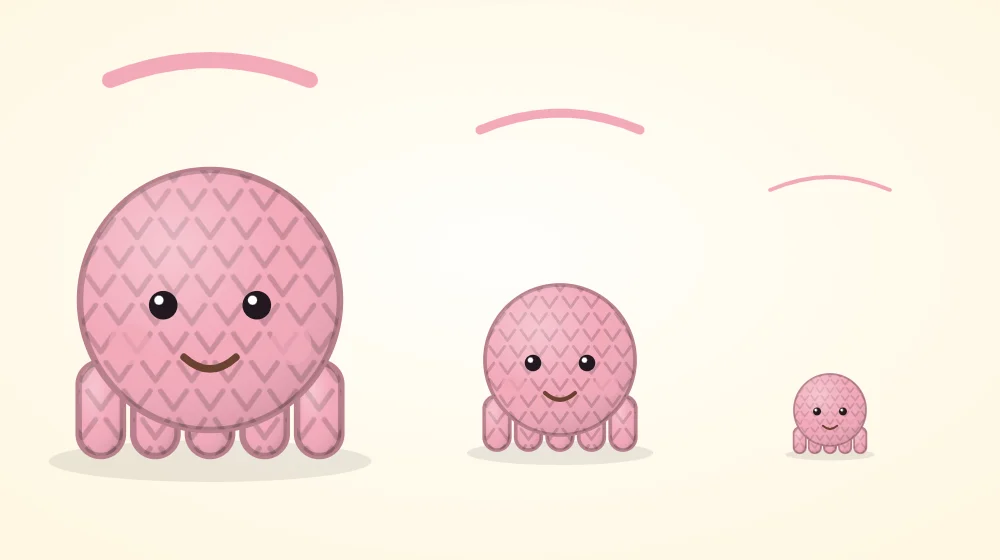 The same simple round crocheted creature in three sizes from large to tiny, each with a strand of progressively thinner yarn beside it