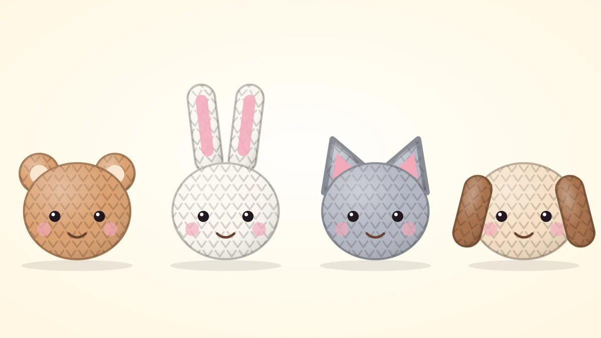 Four identical crocheted heads in a row, each with different ears: round bear ears, long upright bunny ears, pointed cat ears and floppy dog ears