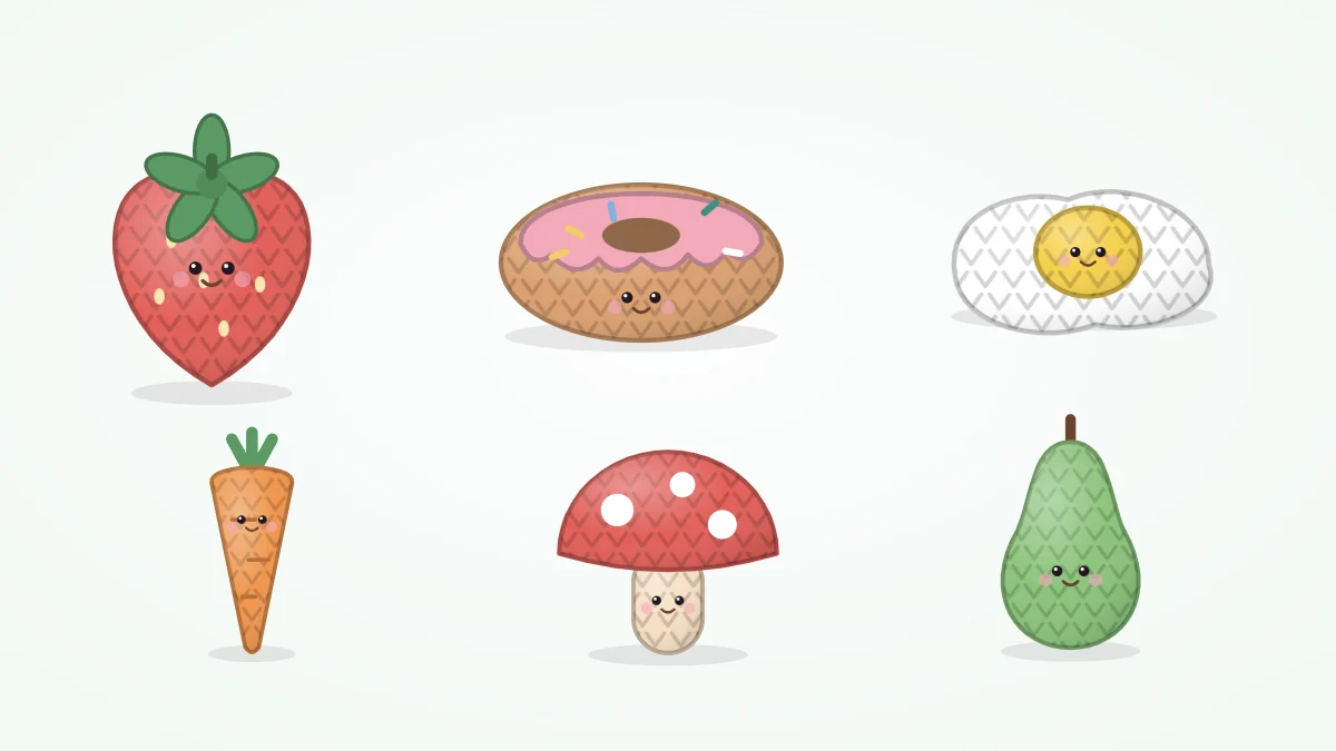 Group of small crocheted foods with tiny faces: a strawberry, a pink-frosted donut, a fried egg, a carrot, a mushroom and a pear