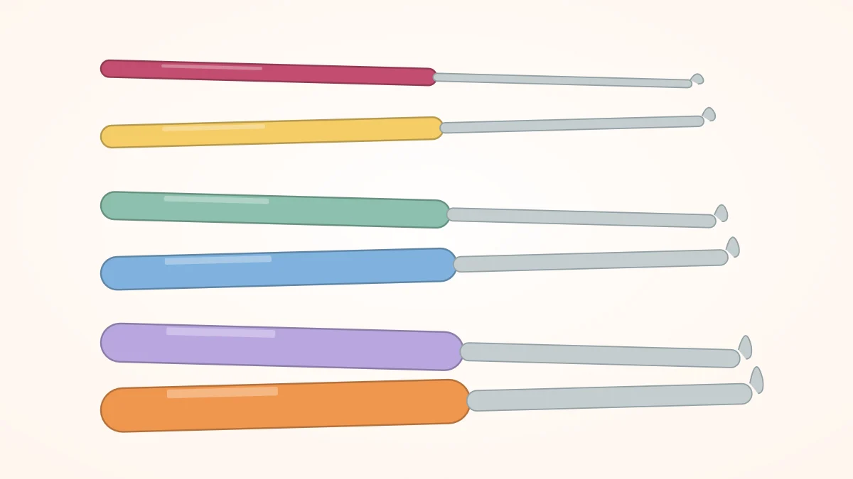 Six crochet hooks of increasing thickness lying side by side with handles in different colors