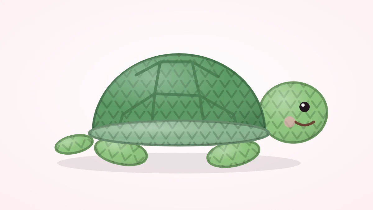 Crocheted turtle with a green domed shell, a lighter head and four flippers, seen from a three-quarter view