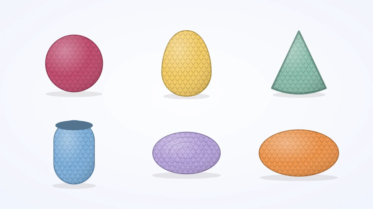 Six crocheted shapes arranged in two rows of three: a ball, an egg, a cone, a tube, a flat disc and an oval, each in a different soft color